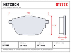 NETZSCH D1777Z brake pad drawing, 16.7 mm thick