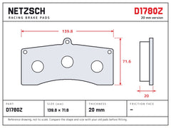 NETZSCH D1780Z brake pad drawing, 20 mm thick