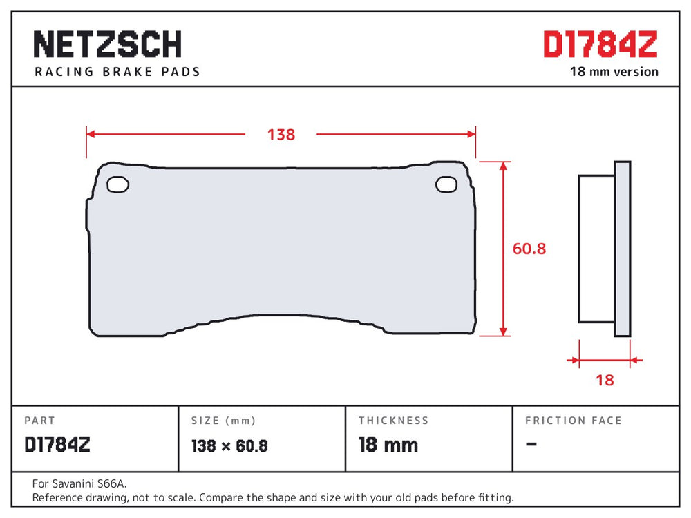 NETZSCH D1784Z brake pad drawing, 18 mm thick
