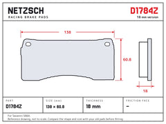 NETZSCH D1784Z brake pad drawing, 18 mm thick