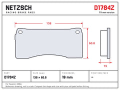 NETZSCH D1784Z brake pad drawing, 19 mm thick