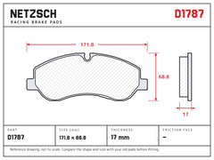 NETZSCH D1787 brake pad drawing, 17 mm thick