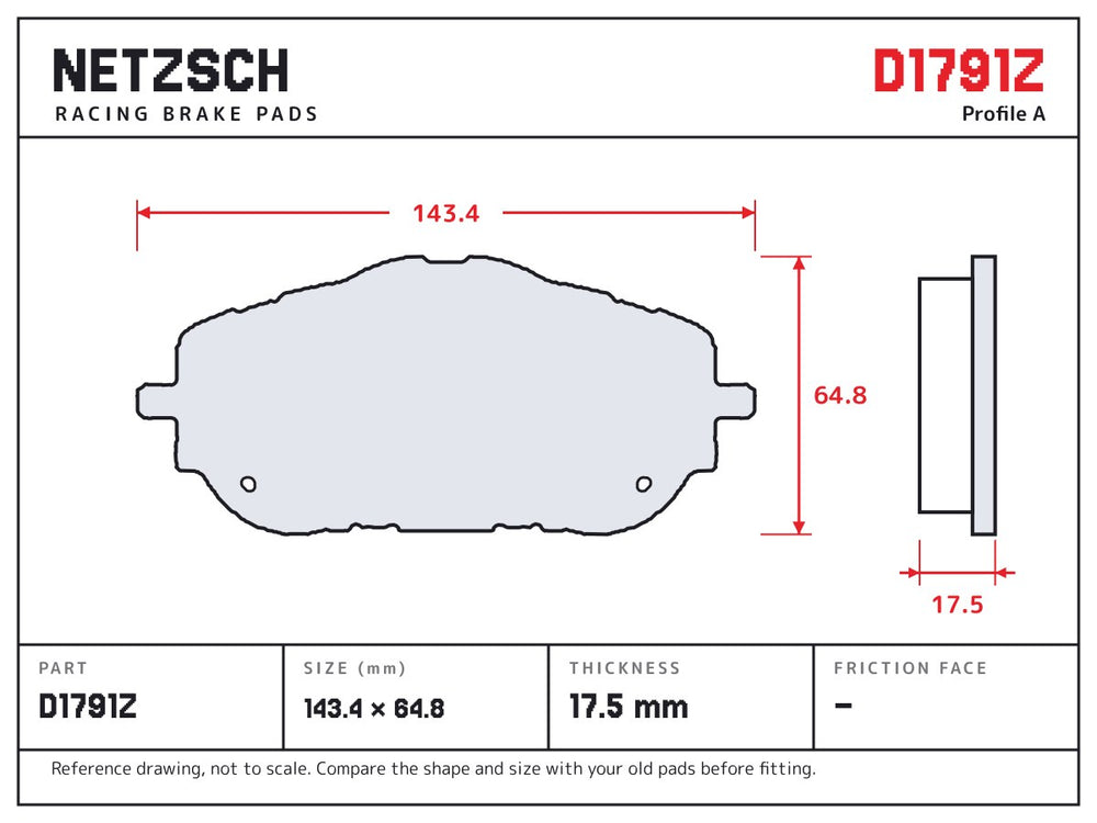 NETZSCH D1791Z brake pad drawing, 17.5 mm thick