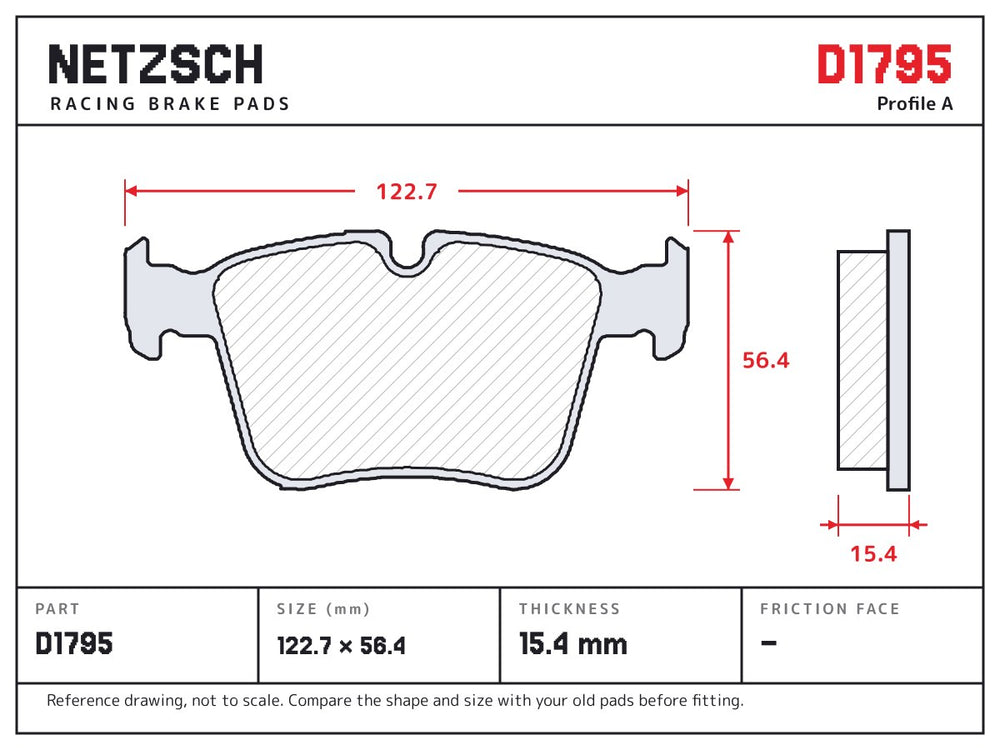 NETZSCH D1795 brake pad drawing, 15.4 mm thick