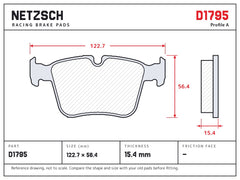 NETZSCH D1795 brake pad drawing, 15.4 mm thick