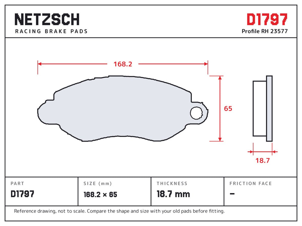 NETZSCH D1797 brake pad drawing, 18.7 mm thick