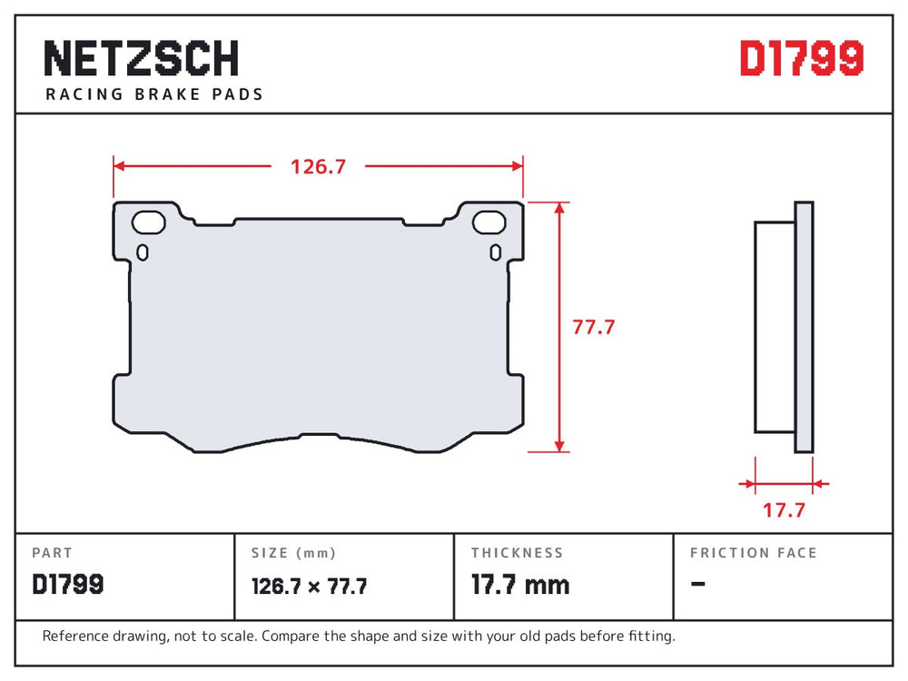 NETZSCH D1799 brake pad drawing, 17.7 mm thick