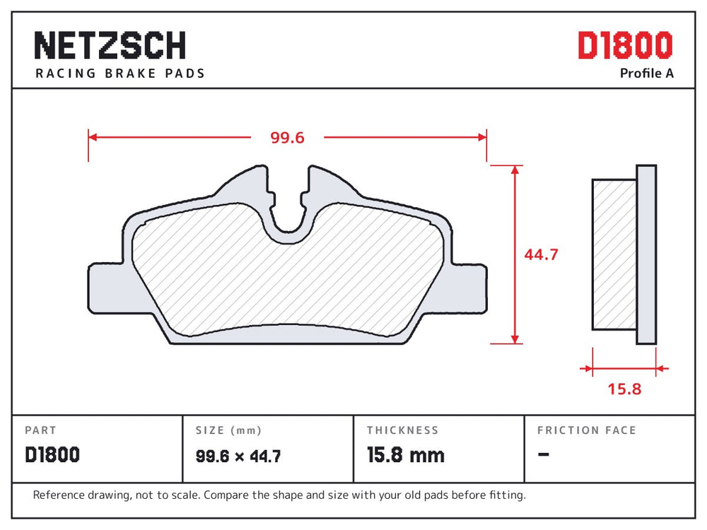NETZSCH D1800 brake pad drawing, 15.8 mm thick
