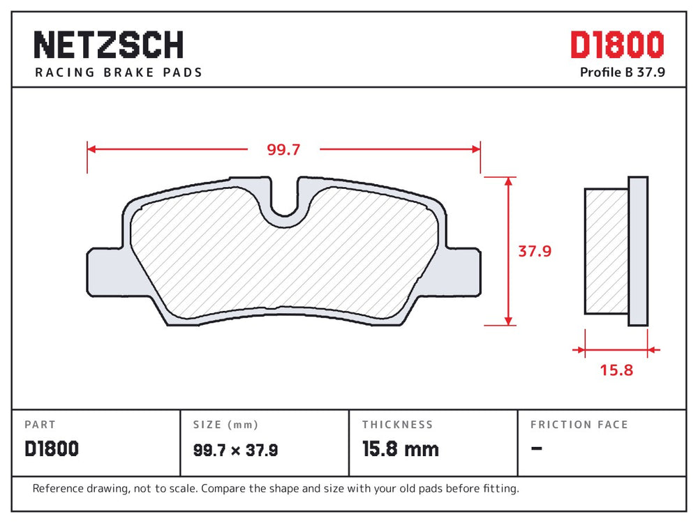 NETZSCH D1800 brake pad drawing, 15.8 mm thick