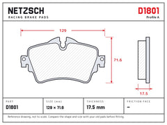 NETZSCH D1801 brake pad drawing, 17.5 mm thick