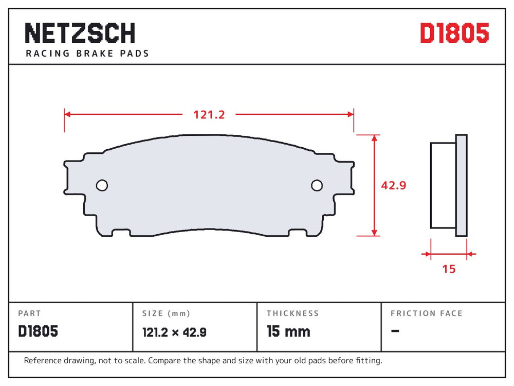 NETZSCH D1805 brake pad drawing, 15 mm thick