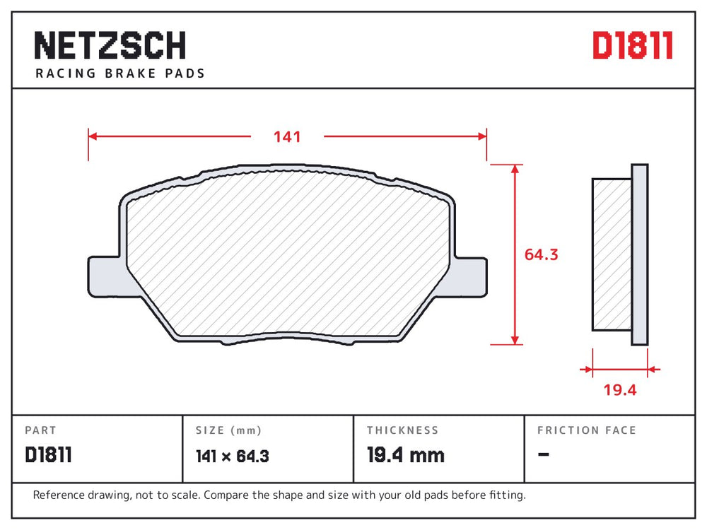NETZSCH D1811 brake pad drawing, 19.4 mm thick