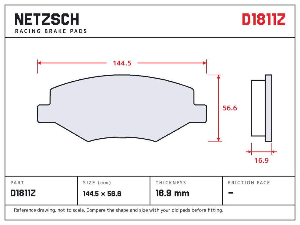 NETZSCH D1811Z brake pad drawing, 16.9 mm thick