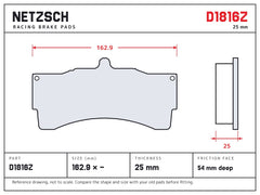 NETZSCH D1816Z brake pad drawing, 25 mm thick