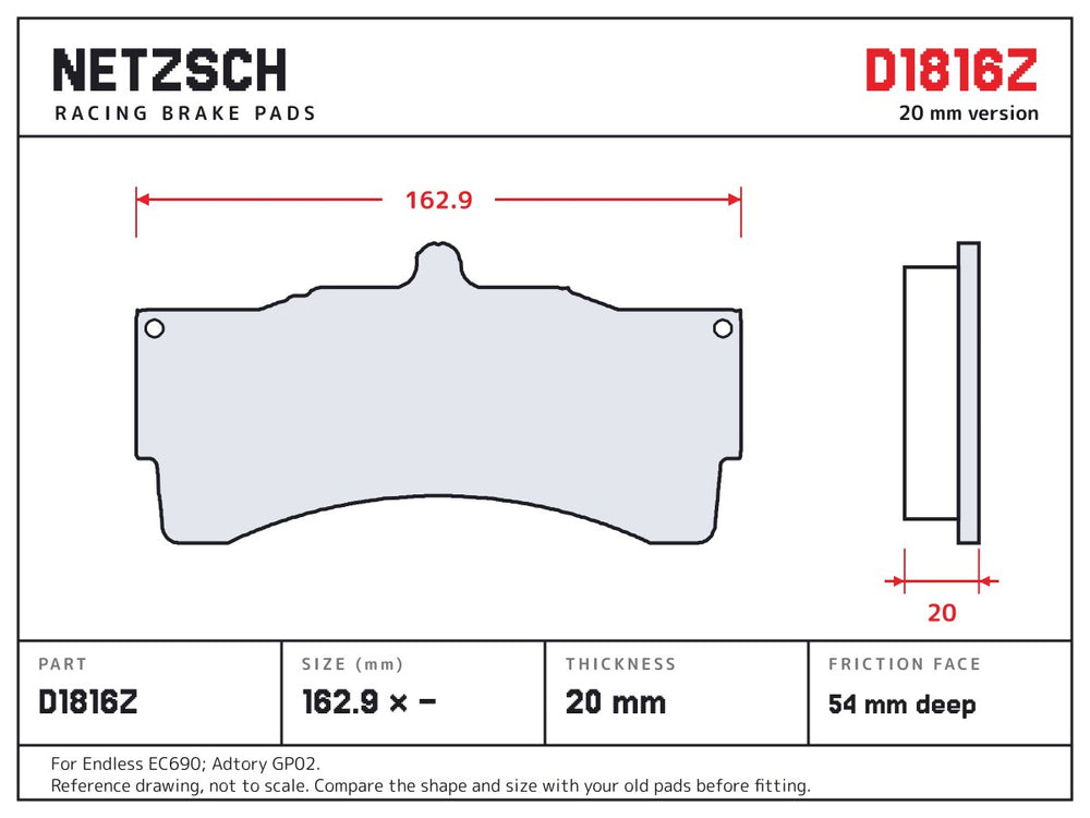 NETZSCH D1816Z brake pad drawing, 20 mm thick
