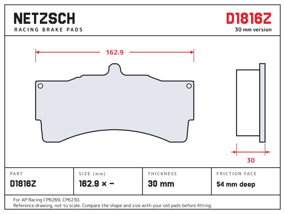 NETZSCH D1816Z brake pad drawing, 30 mm thick