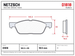 NETZSCH D1818 brake pad drawing, 18.5 mm thick
