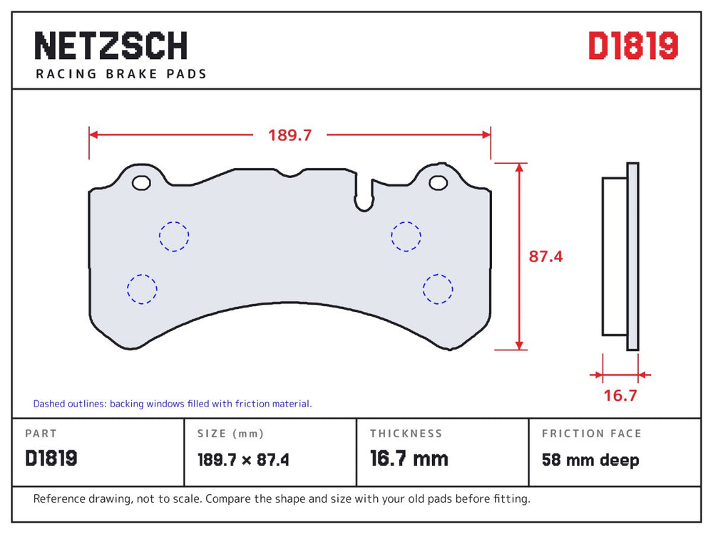 NETZSCH D1819 brake pad drawing, 16.7 mm thick