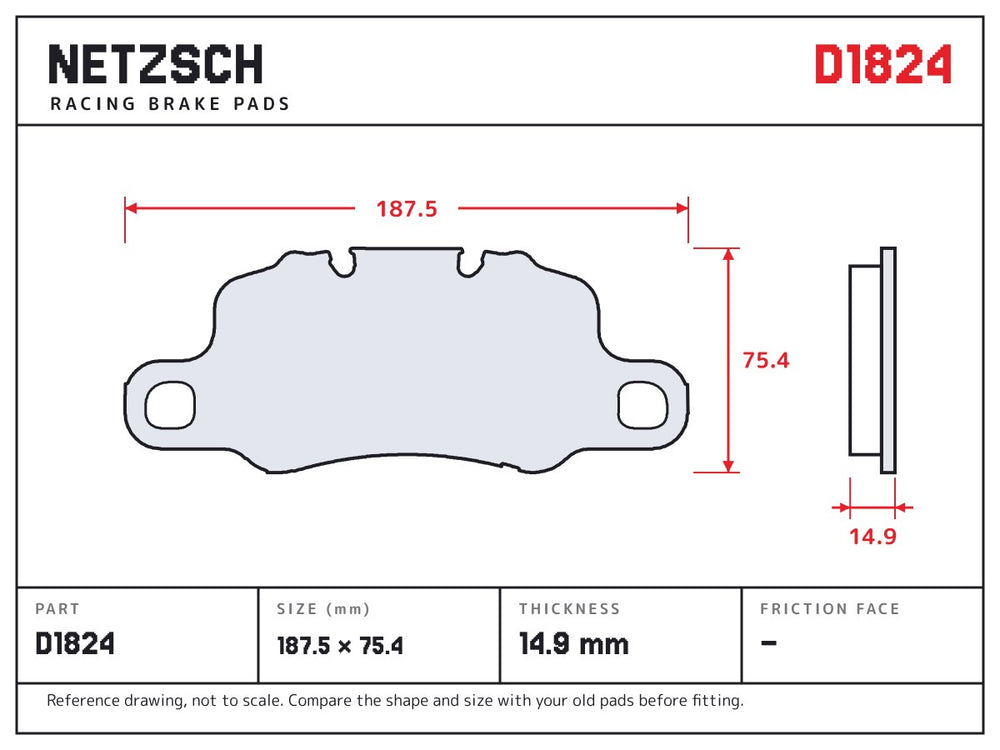 NETZSCH D1824 brake pad drawing, 14.9 mm thick