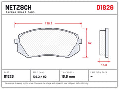 NETZSCH D1826 brake pad drawing, 16.8 mm thick