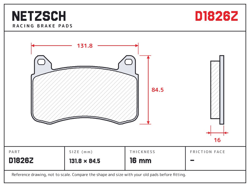 NETZSCH D1826Z brake pad drawing, 16 mm thick