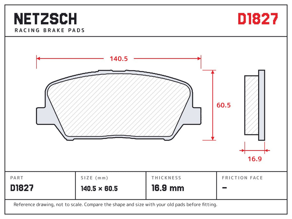 NETZSCH D1827 brake pad drawing, 16.9 mm thick