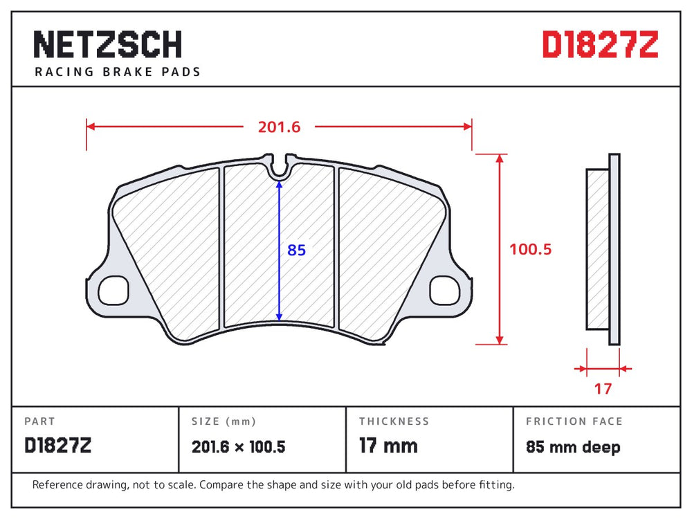 NETZSCH D1827Z brake pad drawing, 17 mm thick