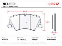 NETZSCH D1827Z brake pad drawing, 17 mm thick