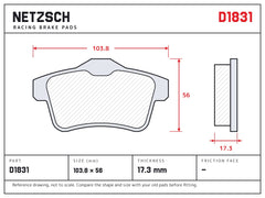 NETZSCH D1831 brake pad drawing, 17.3 mm thick