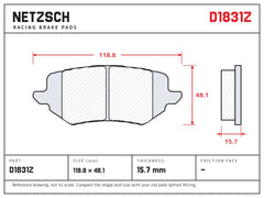 NETZSCH D1831Z brake pad drawing, 15.7 mm thick