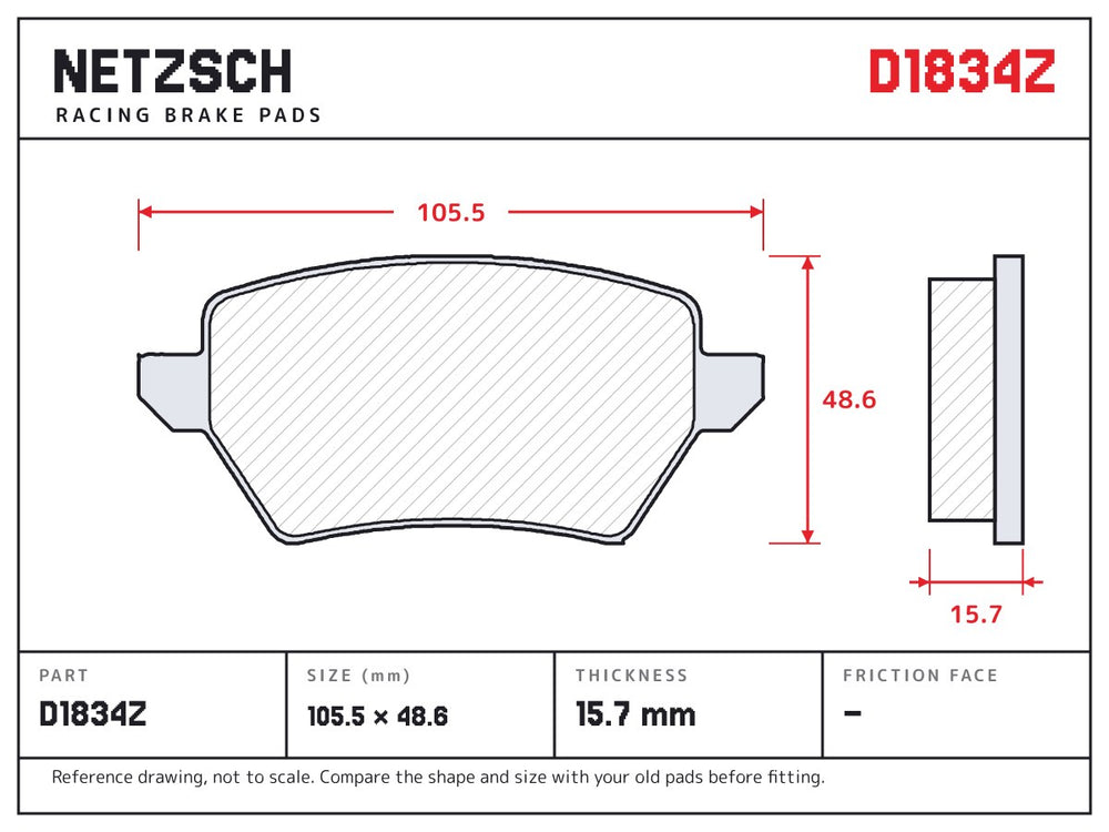 NETZSCH D1834Z brake pad drawing, 15.7 mm thick