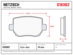 NETZSCH D1836Z brake pad drawing, 14 mm thick