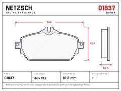 NETZSCH D1837 brake pad drawing, 18.3 mm thick