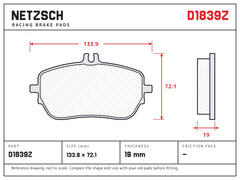 NETZSCH D1839Z brake pad drawing, 19 mm thick