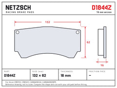 NETZSCH D1844Z brake pad drawing, 16 mm thick