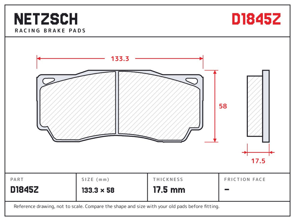 NETZSCH D1845Z brake pad drawing, 17.5 mm thick