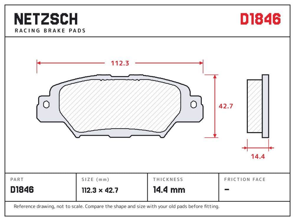 NETZSCH D1846 brake pad drawing, 14.4 mm thick