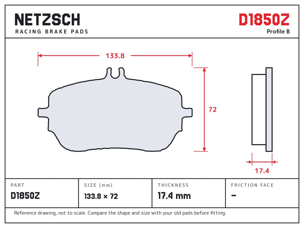 NETZSCH D1850Z brake pad drawing, 17.4 mm thick
