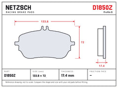 NETZSCH D1850Z brake pad drawing, 17.4 mm thick