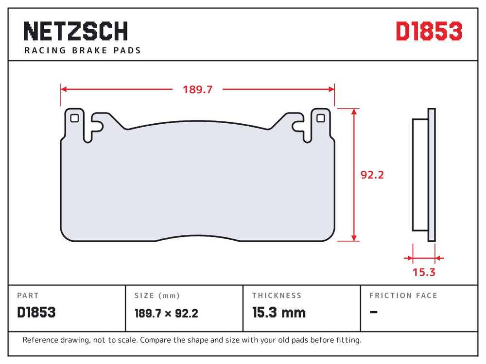 NETZSCH D1853 brake pad drawing, 15.3 mm thick