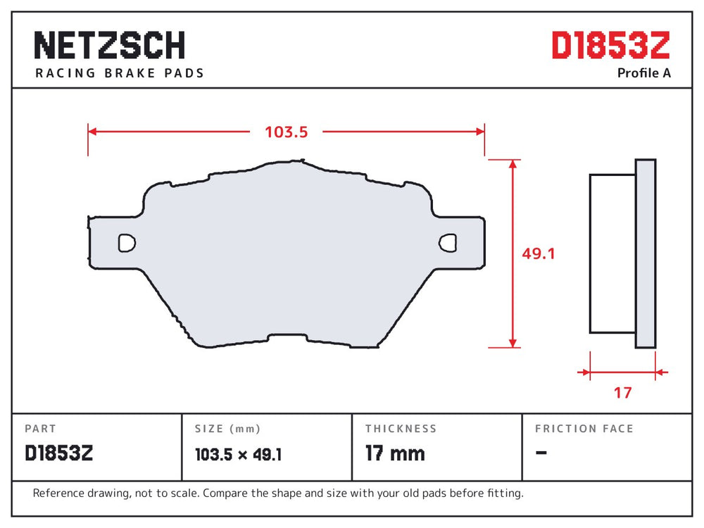 NETZSCH D1853Z brake pad drawing, 17 mm thick