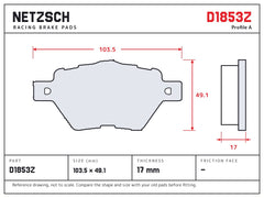 NETZSCH D1853Z brake pad drawing, 17 mm thick