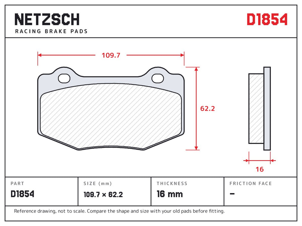 NETZSCH D1854 brake pad drawing, 16 mm thick