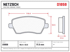 NETZSCH D1858 brake pad drawing, 17.3 mm thick