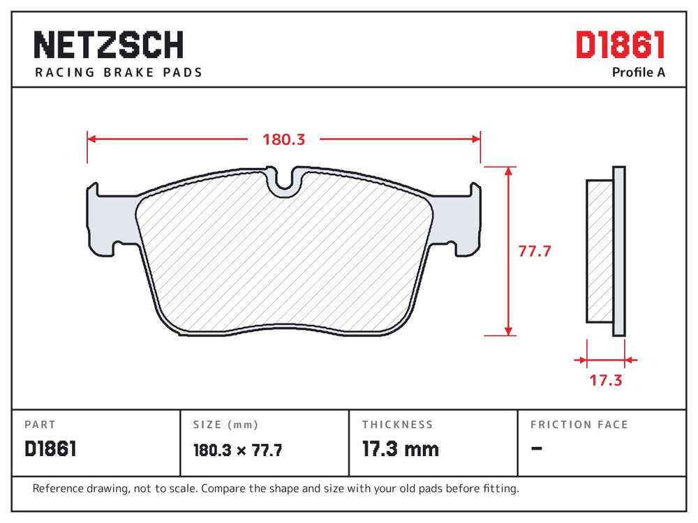 NETZSCH D1861 brake pad drawing, 17.3 mm thick