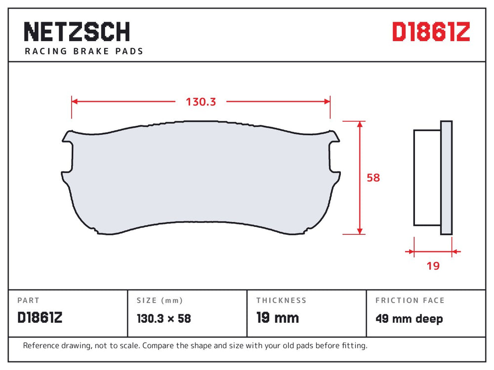 NETZSCH D1861Z brake pad drawing, 19 mm thick