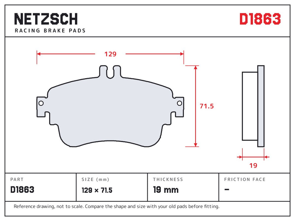NETZSCH D1863 brake pad drawing, 19 mm thick