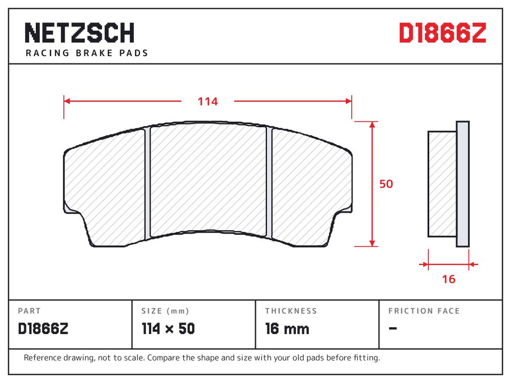 NETZSCH D1866Z brake pad drawing, 16 mm thick