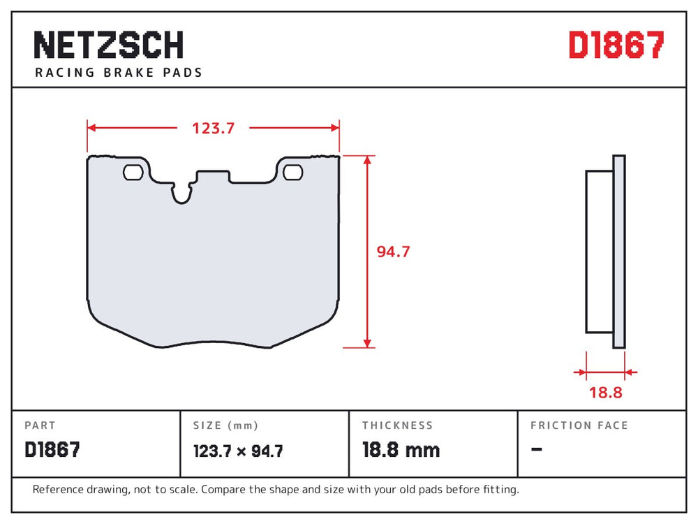NETZSCH D1867 brake pad drawing, 18.8 mm thick