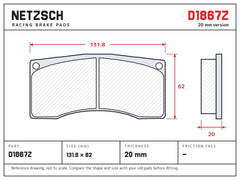 NETZSCH D1867Z brake pad drawing, 20 mm thick
